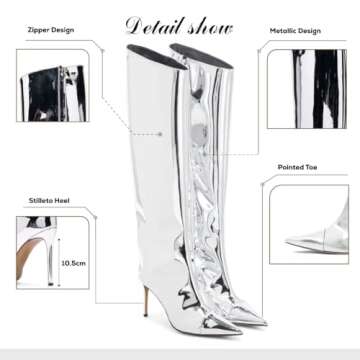Ancomafio Silver Boots For Women, Knee High Metallic Boots Pointed Toe Tall Boots Stiletto Heels Boots Wide Calf Long Boots Chrome Boots Size 8