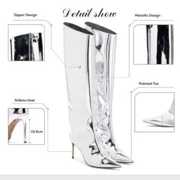 Ancomafio Silver Boots For Women, Knee High Metallic Boots Pointed Toe Tall Boots Stiletto Heels Boots Wide Calf Long Boots Chrome Boots Size 8