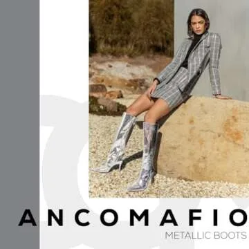 Ancomafio Silver Boots For Women, Knee High Metallic Boots Pointed Toe Tall Boots Stiletto Heels Boots Wide Calf Long Boots Chrome Boots Size 8