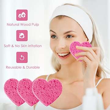 Nuenen 60 Pieces Facial Sponges with Container, Heart Shape Compressed Face Sponges Natural Cleaning Pads for Washing Face Cleaning Exfoliating Esthetician Makeup Removal(Pink)