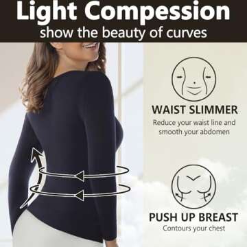 +MD Women's Compression Slimming Shirt 3/4 Long Sleeve Undershirts Round-Neck Basic Shapewear Tops Blacks