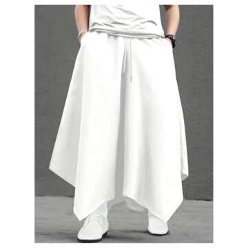 OYOANGLE Men's Skirt Pants Elastic Drawstring Waist Irregular Hem Wide Leg Trousers Loose Harem Pants White X-Large