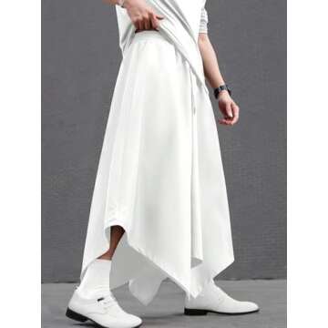 OYOANGLE Men's Skirt Pants Elastic Drawstring Waist Irregular Hem Wide Leg Trousers Loose Harem Pants White X-Large