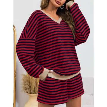 Tankaneo Women's 2 Piece Striped Casual Outfit Set Red