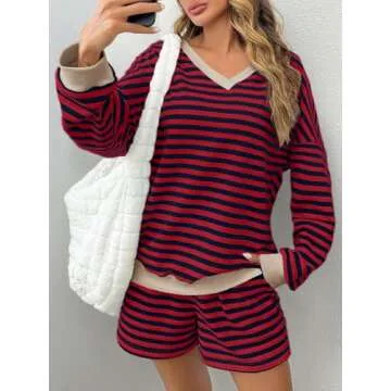 Tankaneo Women's 2 Piece Striped Casual Outfit Set Red