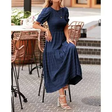 dowerme Women Summer Dresses 2025 Casual Puff Short Sleeve Crewneck Smocked Flowy Ruffle Boho Beach ...