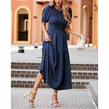 dowerme Women Summer Dresses 2025 Casual Puff Short Sleeve Crewneck Smocked Flowy Ruffle Boho Beach Party Maxi Dress(Solid Navy,Large)