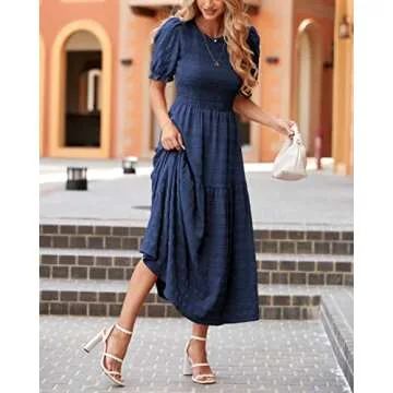 dowerme Women Summer Dresses 2025 Casual Puff Short Sleeve Crewneck Smocked Flowy Ruffle Boho Beach Party Maxi Dress(Solid Navy,Large)
