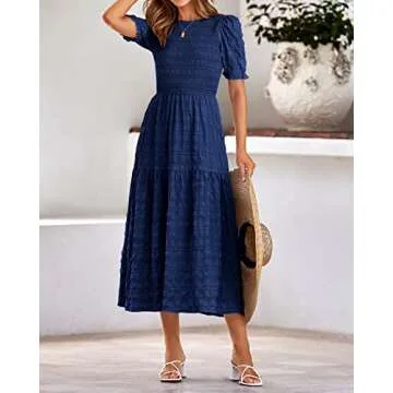 dowerme Women Summer Dresses 2025 Casual Puff Short Sleeve Crewneck Smocked Flowy Ruffle Boho Beach Party Maxi Dress(Solid Navy,Large)