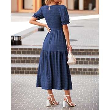 dowerme Women Summer Dresses 2025 Casual Puff Short Sleeve Crewneck Smocked Flowy Ruffle Boho Beach Party Maxi Dress(Solid Navy,Large)