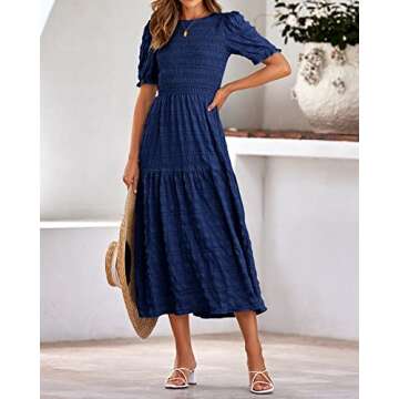 dowerme Women Summer Dresses 2025 Casual Puff Short Sleeve Crewneck Smocked Flowy Ruffle Boho Beach Party Maxi Dress(Solid Navy,Large)