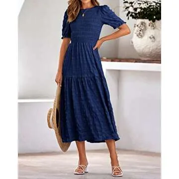dowerme Women Summer Dresses 2025 Casual Puff Short Sleeve Crewneck Smocked Flowy Ruffle Boho Beach Party Maxi Dress(Solid Navy,Large)