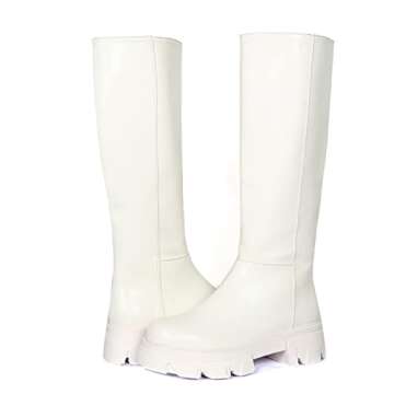 Vertundy Women's Lug Sole Knee High Boots Low Chunky Heeled Slight Elevation Stitching Round Toe Leather Mid Booties