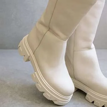 Vertundy Women's Lug Sole Knee High Boots Low Chunky Heeled Slight Elevation Stitching Round Toe Leather Mid Booties