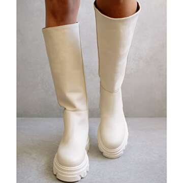 Vertundy Women's Lug Sole Knee High Boots Low Chunky Heeled Slight Elevation Stitching Round Toe Leather Mid Booties