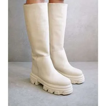 Vertundy Women's Lug Sole Knee High Boots Low Chunky Heeled Slight Elevation Stitching Round Toe Leather Mid Booties