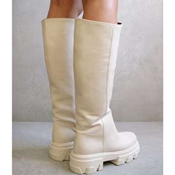 Vertundy Women's Lug Sole Knee High Boots Low Chunky Heeled Slight Elevation Stitching Round Toe Leather Mid Booties