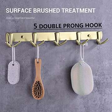 TRUSTMI Brass Robe Towel Hook Wall Mounted 5 Double Prong Heavy Duty Bath Coat Hooks Rail RH-0742BG, Brushed Gold