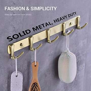 TRUSTMI Brass Robe Towel Hook Wall Mounted 5 Double Prong Heavy Duty Bath Coat Hooks Rail RH-0742BG, Brushed Gold