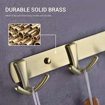 TRUSTMI Brass Robe Towel Hook Wall Mounted 5 Double Prong Heavy Duty Bath Coat Hooks Rail RH-0742BG, Brushed Gold
