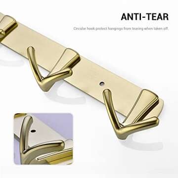 TRUSTMI Brass Robe Towel Hook Wall Mounted 5 Double Prong Heavy Duty Bath Coat Hooks Rail RH-0742BG, Brushed Gold