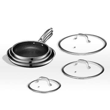 HexClad 7 Piece Hybrid Stainless Steel Cookware Set - 6 Pc Pan Set with Lids and 10 Inch Wok, Stay Cool Handle, Dishwasher and Oven Safe, Non-Stick