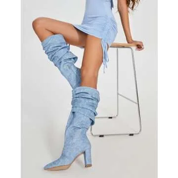 Modatope Womens Denim PU Boots Denim PU Fold Over Knee High Boots Chunky Heel Pointed Toe Boots Dress Tall Block Boots Denim PU Long Boots Size 10
