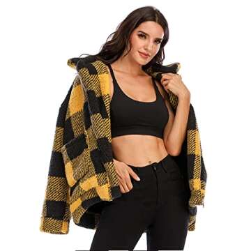 Comeon Women's Faux Fur Jacket Shaggy Jacket Winter Fleece Coat Outwear Shaggy Shearling Jacket (Yellow Plaid, 3X-Large)