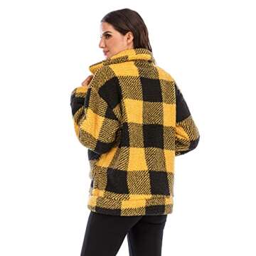 Comeon Women's Faux Fur Jacket Shaggy Jacket Winter Fleece Coat Outwear Shaggy Shearling Jacket (Yellow Plaid, 3X-Large)