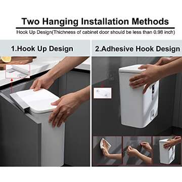 Sooyee Kitchen Trash Can with Lid,2.4 Gallon Small Hanging or Standing Plastic Compost Bin for Bathroom/Cupboard/Bedroom/Office/Camping,Waste Basket,White
