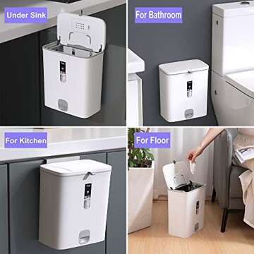 Sooyee Kitchen Trash Can with Lid,2.4 Gallon Small Hanging or Standing Plastic Compost Bin for Bathroom/Cupboard/Bedroom/Office/Camping,Waste Basket,White
