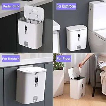 Sooyee Kitchen Trash Can with Lid,2.4 Gallon Small Hanging or Standing Plastic Compost Bin for Bathroom/Cupboard/Bedroom/Office/Camping,Waste Basket,White