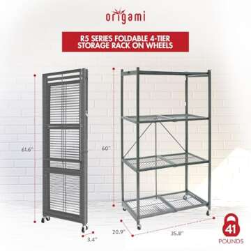 Origami 4 Tier Folding Shelves, Storage Shelving Rack Unit with Wheels, Gray