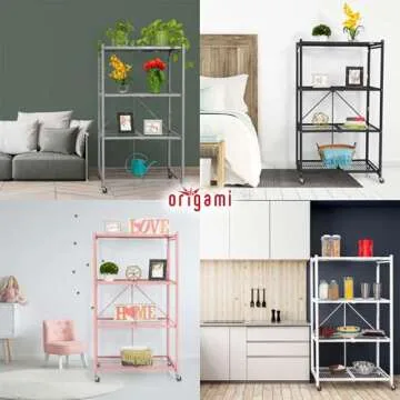 Origami 4 Tier Folding Shelves, Storage Shelving Rack Unit with Wheels, Gray