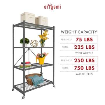 Origami 4 Tier Folding Shelves, Storage Shelving Rack Unit with Wheels, Gray