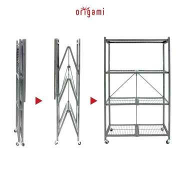Origami 4 Tier Folding Shelves, Storage Shelving Rack Unit with Wheels, Gray