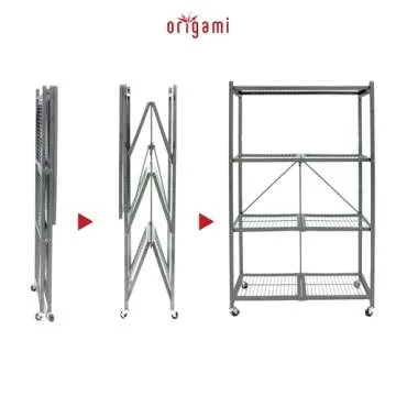 Origami 4 Tier Folding Shelves, Storage Shelving Rack Unit with Wheels, Gray