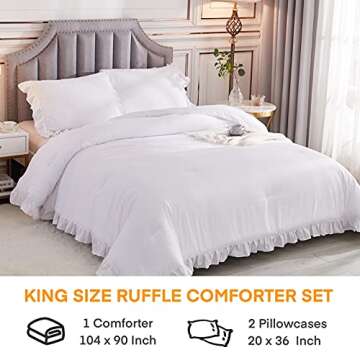 Andency White King Size Comforter Set, 3 Pieces Solid Farmhouse Shabby Chic Bedding Comforters & Set...