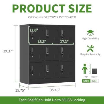Yukimo 9 Door Metal Locker, Storage Lockers for Employees, Steel Storage Locker with Lock and Card Slot, Employee Lockers for Home, Office, School, Gym, Require Assembly(Black)
