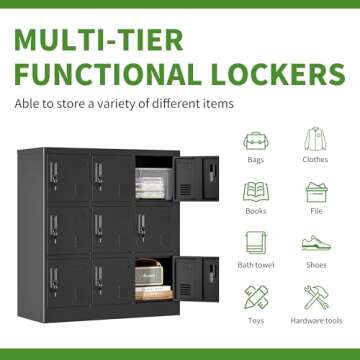 Yukimo 9 Door Metal Locker, Storage Lockers for Employees, Steel Storage Locker with Lock and Card Slot, Employee Lockers for Home, Office, School, Gym, Require Assembly(Black)