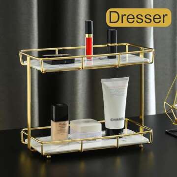 Dobbyby Bathroom Organizer Countertop Perfume Organizer Makeup Organizer Cosmetics Storage Display Rack 2 Tier Vanity Tray Dresser Stainless Steel Gold Shelf White Marble Ceramic Tray (Gold, M)