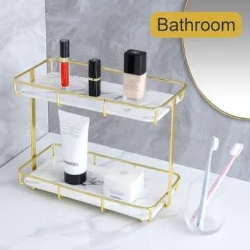 Dobbyby Bathroom Organizer Countertop Perfume Organizer Makeup Organizer Cosmetics Storage Display Rack 2 Tier Vanity Tray Dresser Stainless Steel Gold Shelf White Marble Ceramic Tray (Gold, M)