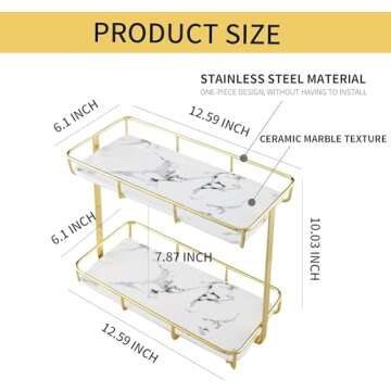 Dobbyby Bathroom Organizer Countertop Perfume Organizer Makeup Organizer Cosmetics Storage Display Rack 2 Tier Vanity Tray Dresser Stainless Steel Gold Shelf White Marble Ceramic Tray (Gold, M)