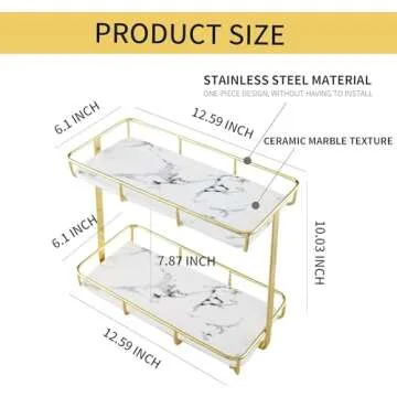 Dobbyby Bathroom Organizer Countertop Perfume Organizer Makeup Organizer Cosmetics Storage Display Rack 2 Tier Vanity Tray Dresser Stainless Steel Gold Shelf White Marble Ceramic Tray (Gold, M)