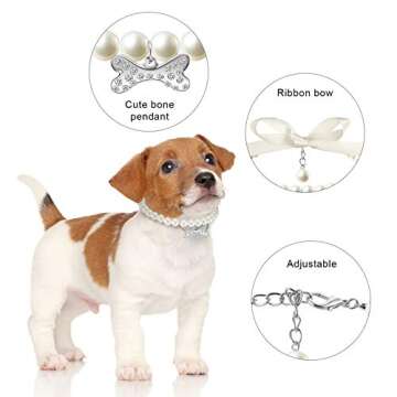 Hicarer 2 Pcs Small Dog Cat Pearl Collars and Pearl Necklace Set Cute Pet PU Leather Collars Necklace with Crystal Rhinestone for Dogs Cats Puppy Kitten Party Wedding Birthday (White,M)