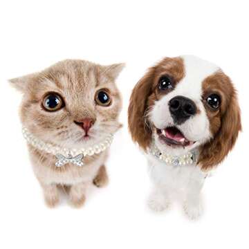 Hicarer 2 Pcs Small Dog Cat Pearl Collars and Pearl Necklace Set Cute Pet PU Leather Collars Necklace with Crystal Rhinestone for Dogs Cats Puppy Kitten Party Wedding Birthday (White,M)