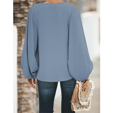 Womens V Neck Chiffon Blouses Casual Balloon Sleeve Floral Print Shirts Tops