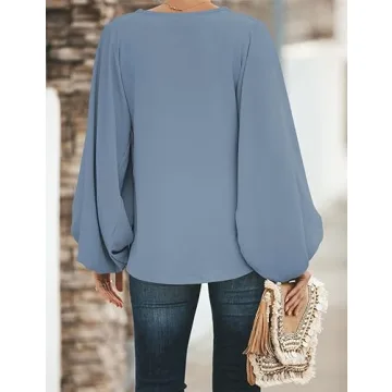 Womens V Neck Chiffon Blouses Casual Balloon Sleeve Floral Print Shirts Tops