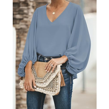 Womens V Neck Chiffon Blouses Casual Balloon Sleeve Floral Print Shirts Tops