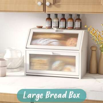 Vriccc White Bread Box for Kitchen Counter, Large Bamboo Wood Double Layer Bread Box, Wooden Bread S...